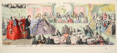 Uma nova corte do banco da rainha: Como deveria ser ou as damas que tentam um canalha desprezível por uma &39;quebra de promessa&39;, pub. 1850 (gravura colorida à mão) de George Cruikshank