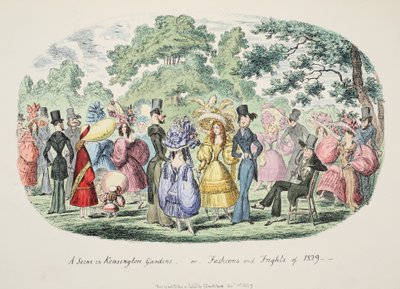 Uma cena em Kensington Gardens - ou - Fashions and Frights of 1829, pub. 1829 (gravura colorida à mão) de George Cruikshank