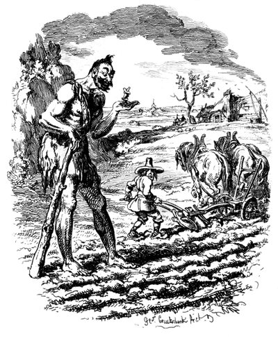 Um gigante está em um campo enquanto um fazendeiro ara, do século XIX. de George Cruikshank