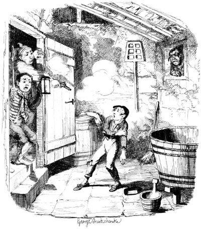 Um homem mata um garoto que ele suspeita de roubar, do século XIX. de George Cruikshank