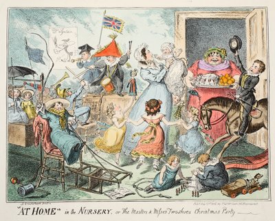 Em casa no berçário, ou &39;Os mestres e senhoritas dois sapatos de festa de Natal&39;, 1835 (gravura colorida à mão) de George Cruikshank