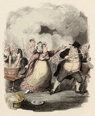 No hospital, Monsieur Bumble é severamente repelido pela sua esposa, Madame Corney - Mr Bumble degradado aos olhos dos pobres - Ilustração para "Oliver Twist" (Olivier) (As Aventuras de Oliver Twist) por Charles Dickens (1812-1870), por George Cruikshan de George Cruikshank