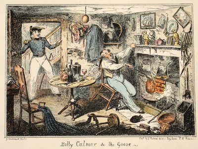 Billy Culmer & the Goose, do Greenwich Hospital, uma série de esboços navais, descritiva de uma vida de um homem de guerras, pub. 1826 (gravura colorida à mão) de George Cruikshank