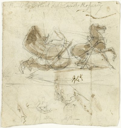 Caricatura de si próprio (anverso); Cabine atirada por um cavalo, com outros esboços (verso) de George Cruikshank