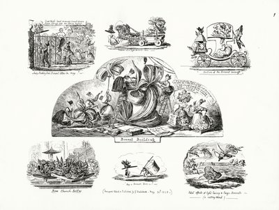 Desenhos animados de George Cruikshank sobre o tema dos chapéus de senhora de tamanho grande (gravura) de George Cruikshank
