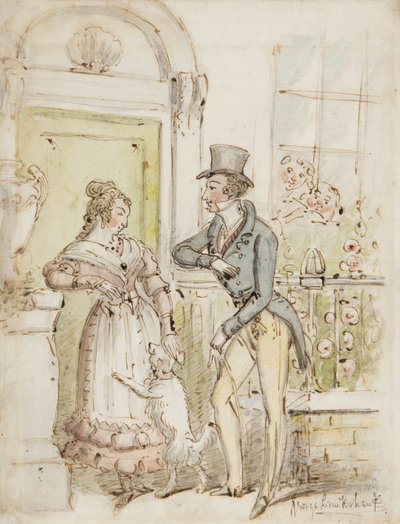 Cortejo, c.1835 (caneta, pincel, tinta e wc no papel) de George Cruikshank