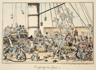 Cruzando a linha, do hospital de Greenwich, uma série de esboços navais, descritiva de uma vida de um homem do homem de guerras, bar. 1825 (gravura colorida à mão) de George Cruikshank