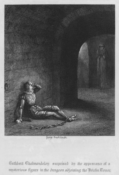 Cuthbert Cholmondeley surpreendido com o aparecimento de uma figura misteriosa na masmorra adjacente à Torre do Diabo (gravura) de George Cruikshank