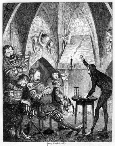 Edward Underhill, o quente pregador que pregava para os gigantes na torre secundária ou Gate Tower, 1840 de George Cruikshank