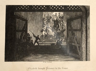 Elizabeth trouxe Prisioneiro para a Torre, da Torre de Londres, pub. 1840 de George Cruikshank