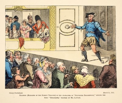 Elliston (gerente do Surrey Theatre) na personagem de &39;Sylvester Daggerwood&39; cantando a canção &39;Bonaparte&39;, escrita por Mr Lawler, pub. 1811 (gravura colorida à mão) de George Cruikshank