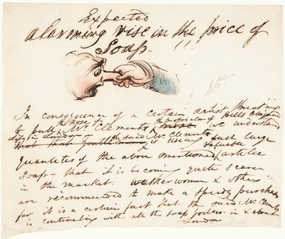 Esperado - aumento alarmante do preço do sabão! (caneta e tinta castanha com lavagem rosa, azul, castanha e verde) de George Cruikshank