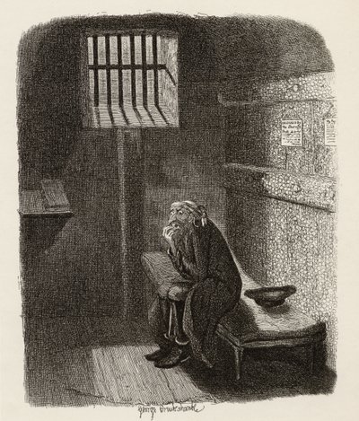 Fagin na cela condenada, de "As Aventuras de Oliver Twist", de Charles Dickens (1812-1870) 1838, publicado por Chapman und Hall, 1901 (gravura) de George Cruikshank
