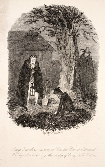 Guy Fawkes descobre o Doutor Dee e Edward Kelley desenterrando o corpo de Elizabeth Orton, ilustração de Guy Fawkes, ou a Traição da Pólvora: um Romance Histórico, de William Harrison Ainsworth, pu de George Cruikshank