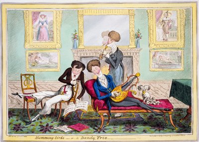 Cantarolando pássaros, ou um Dandy Trio, pub. 1819 (gravura colorida à mão) de George Cruikshank