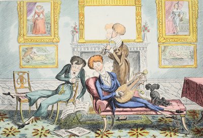 Beija-flores ou um dândi trio, pub. 1835 (gravura colorida à mão) de George Cruikshank