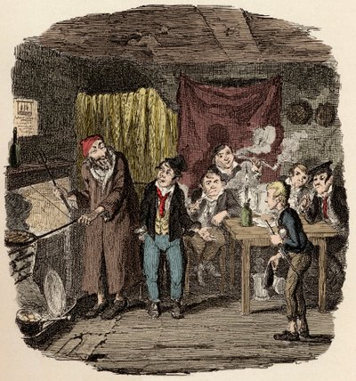 Em Londres, Jack Dawkins chamou a Raposa e apresenta Oliver a Fagin e à sua equipa de malfeitores - Oliver apresentou o respeitável cavalheiro - Ilustração para "Oliver Twist" (Olivier) (As Aventuras de Oliver Twist) por Charles Dickens (1812-1870), por Ge de George Cruikshank