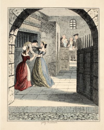 Jack Sheppard escapando do esconderijo condenado em Newgate, ilustração de Jack Sheppard: Um Romance de William Harrison Ainsworth, pub. 1839 (gravura colorida à mão) de George Cruikshank