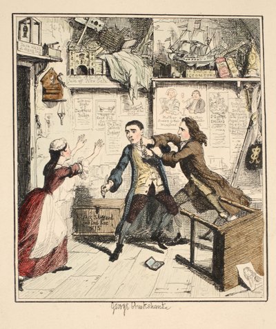 Jack Sheppard exibe um personagem vingativo, ilustração de Jack Sheppard: um romance de William Harrison Ainsworth, publicado em 1839 (gravura colorida à mão) de George Cruikshank
