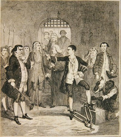 Os ferros do Jack Sheppard foram cortados no Stone Hall em Newgate, ilustração de 