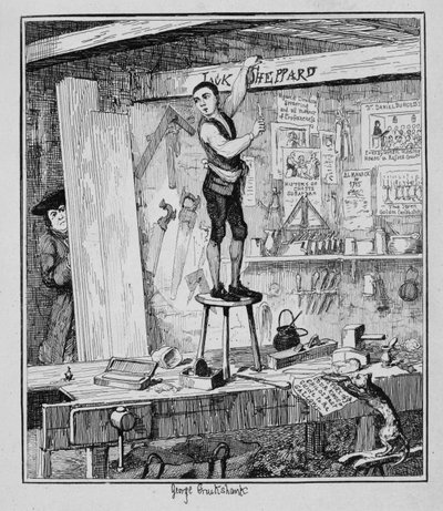Jack esculpe seu nome em uma viga na loja de seu ex-empregador, ilustração de "Jack Sheppard: A Romance", de William Harrison Ainsworth, publicado em 1839 de George Cruikshank