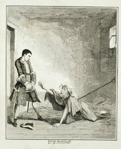 Jack visita sua mãe em Bethlehem Hospital, Londres, ilustração de "Jack Sheppard: A Romance", de William Harrison Ainsworth, publicado em 1839 de George Cruikshank