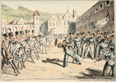 Jacks Trump of Defiance, do Greenwich Hospital, uma série de esboços navais, descritiva de uma vida de um homem de guerras, pub. 1826 (gravura colorida à mão) de George Cruikshank
