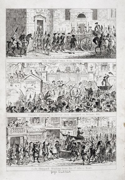 A viagem de Jack de Newgate para Tyburn, ilustração de "Jack Sheppard: A Romance", de William Harrison Ainsworth, publicada em 1839 de George Cruikshank