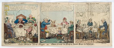 Os três estágios de John Bull, ou De bom a mau e De mau a pior, 1815 (gravura colorida à mão) de George Cruikshank