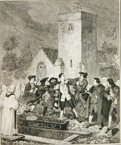 Jonathan Wild aproveitando Jack no funeral de sua mãe em Willesden Churchyard, ilustração de 