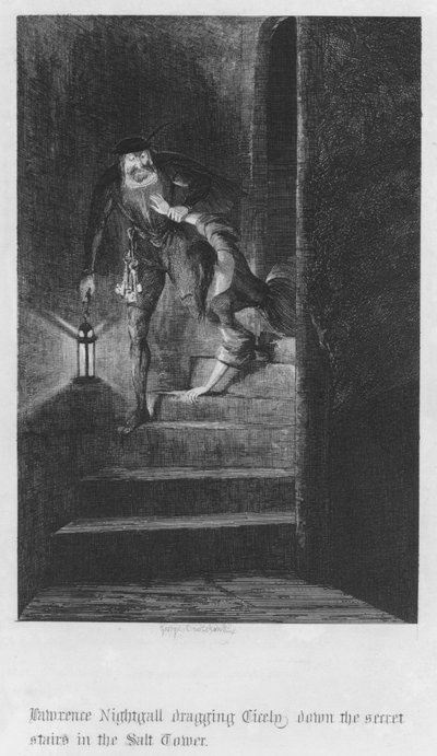 Lawrence Nightgall arrastando Cicely pelas escadas secretas da Torre do Sal (gravura) de George Cruikshank