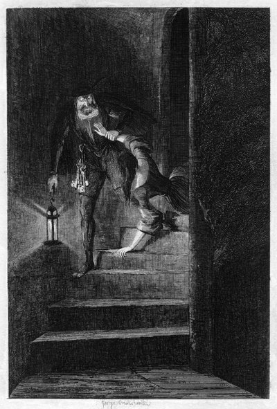 Lawrence Nightgall arrastando Cicely pelas escadas secretas da Torre do Sal, 1840 de George Cruikshank