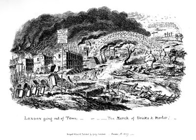Londres saindo da cidade - ou The March of Bricks and Mortar, 1829 de George Cruikshank
