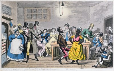 "Vida mais baixa em Londres: Tom, Jerry e a lógica entre os filhos e filhas da natureza não sofisticados", de "Life in London" de Pierce Egan (1772-1849), 1821 (aquatinta colorida) de George Cruikshank
