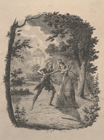 Homem e mulher no jardim (gravura) de George Cruikshank
