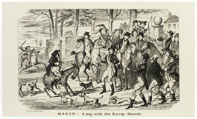 março - Um dia com os cães de caça de Surrey das gravuras em aço de George Cruikshank para o The Comic Almanacks: 1835-1853 de George Cruikshank