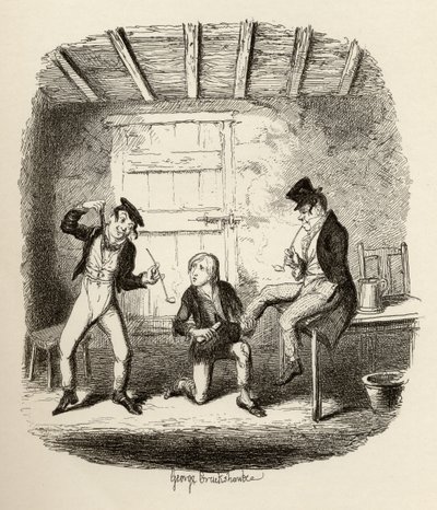 Mestre Bates explica um tecnicismo profissional, de "As Aventuras de Oliver Twist", de Charles Dickens (1812-1870) 1838, publicado por Chapman und Hall, 1901 de George Cruikshank