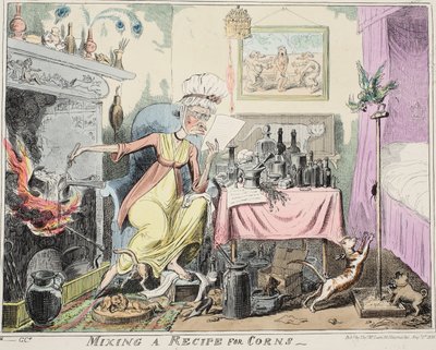 Misturando uma receita para Corns, pub. 1835 (gravura colorida à mão) de George Cruikshank