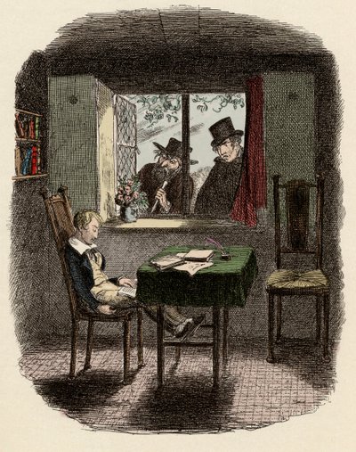 Monges e Fagin observando Oliver dormindo na Biblioteca Maylie - Monges e o Judeu - Ilustração para "Oliver Twist" (Oliver) (As Aventuras de Oliver Twist) por Charles Dickens (1812-1870), por George Cruikshank (1792-1878) . de George Cruikshank