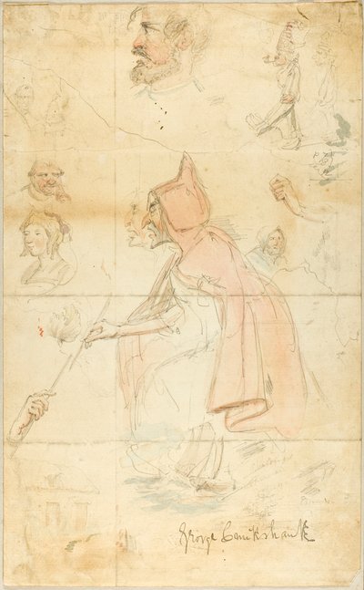 Mãe Shipton (reto); Folha de Esboços: Flor-de-Lis e Figuras (verso) de George Cruikshank