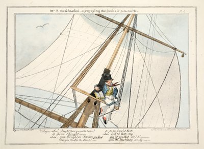 Sr. B. Mastheaded - ou, aproveitando o ar fresco pela 304ª vez, de O Progresso de um Amanhã, 1835 (gravura colorida à mão) de George Cruikshank
