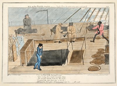 Sr. B no relógio do meio - o frio sopra o vento e as chuvas que vêm, de O Progresso de um Amanhã, pub.1835 (gravura colorida à mão) de George Cruikshank