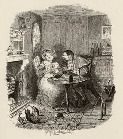O Sr. Bumble e a Sra. Corney tomando chá, de &39;As Aventuras de Oliver Twist&39; de Charles Dickens (1812-1870) 1838, publicado por Chapman und Hall, 1901 de George Cruikshank