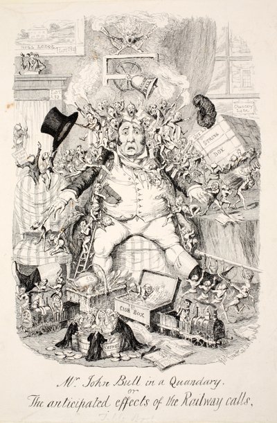 Sr. John Bull em um dilema ou os efeitos antecipados das chamadas ferroviárias, pub. 1845 de George Cruikshank