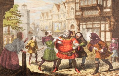 A Sra. Quickly tem Sir John Falstaff preso em Henry IV, Parte 2, de &39;The Illustrated Library Shakespeare&39;, publicado em Londres, 1890 de George Cruikshank