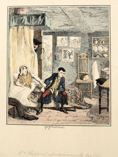 Sra Sheppard expostulando com seu filho, ilustração de Jack Sheppard: Um Romance por William Harrison Ainsworth, publicado em 1839 (gravura colorida à mão) de George Cruikshank