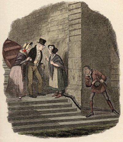 Noe Claypole espionando o encontro secreto entre o Sr. Brownlow, Rose Maylie e Nancy - O encontro - Ilustração para "Oliver Twist" (Olivier) (As Aventuras de Oliver Twist) por Charles Dickens (1812-1870), por George Cruikshank (1792-1878) . de George Cruikshank
