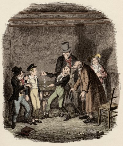 Oliver Twist recebido pelo velho Fagin e sua equipa - Recepção de Oliver por Fagin e os rapazes - Ilustração para "Oliver Twist" (Olivier) (As Aventuras de Oliver Twist) por Charles Dickens (1812-1870), por George Cruikshank (1792-1878) . de George Cruikshank