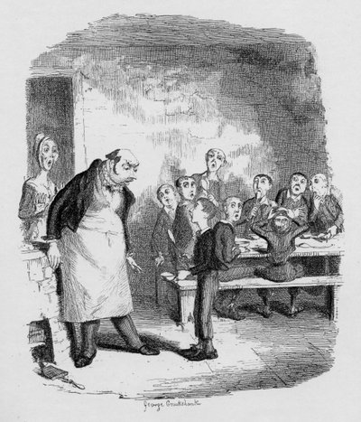 Oliver pedindo mais, de "The Adventures of Oliver Twist", de Charles Dickens (1812-1870) 1838, publicado por Chapman und Hall, 1901 de George Cruikshank