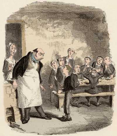 Oliver foi concebido para pedir comida extra ao supervisor do Hospital Infantil - Oliver pede mais - Ilustração para "Oliver Twist" (Olivier) (As Aventuras de Oliver Twist) por Charles Dickens (1812-1870), por George Cruikshank (1792 de George Cruikshank